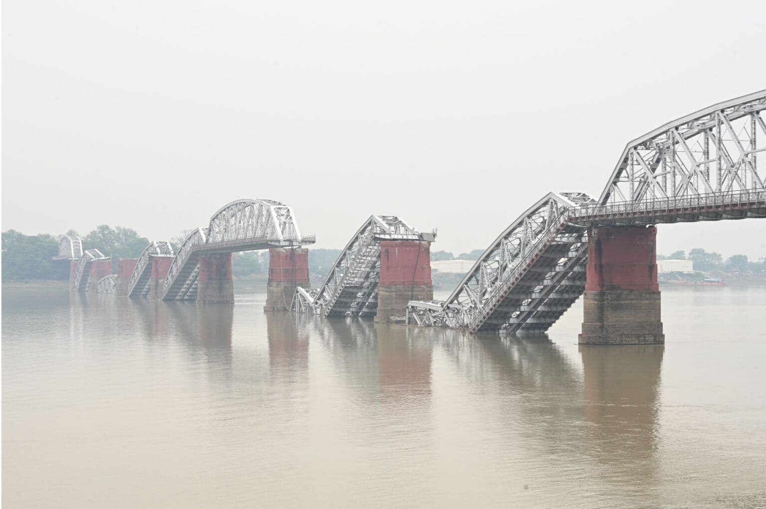 A file photo shows the damaged Sagaing Bridge (Inwa) following the Mandalay Earthquake, as reported in the Kyemon Daily (The Mirror) on 7 April 2025.