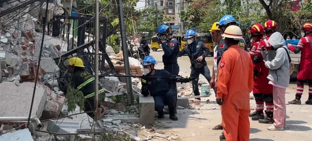 Chinese rescue teams conduct rescue operations in Mandalay, Myanmar.